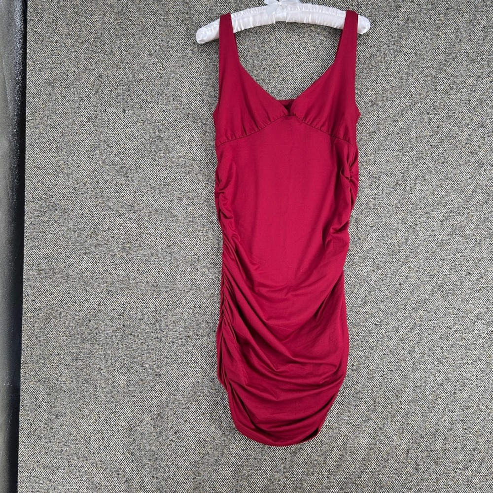 Red Ruched Bodycon Mini Dress Womens Size XL V-Neck Sleeveless Cocktail Clubwear